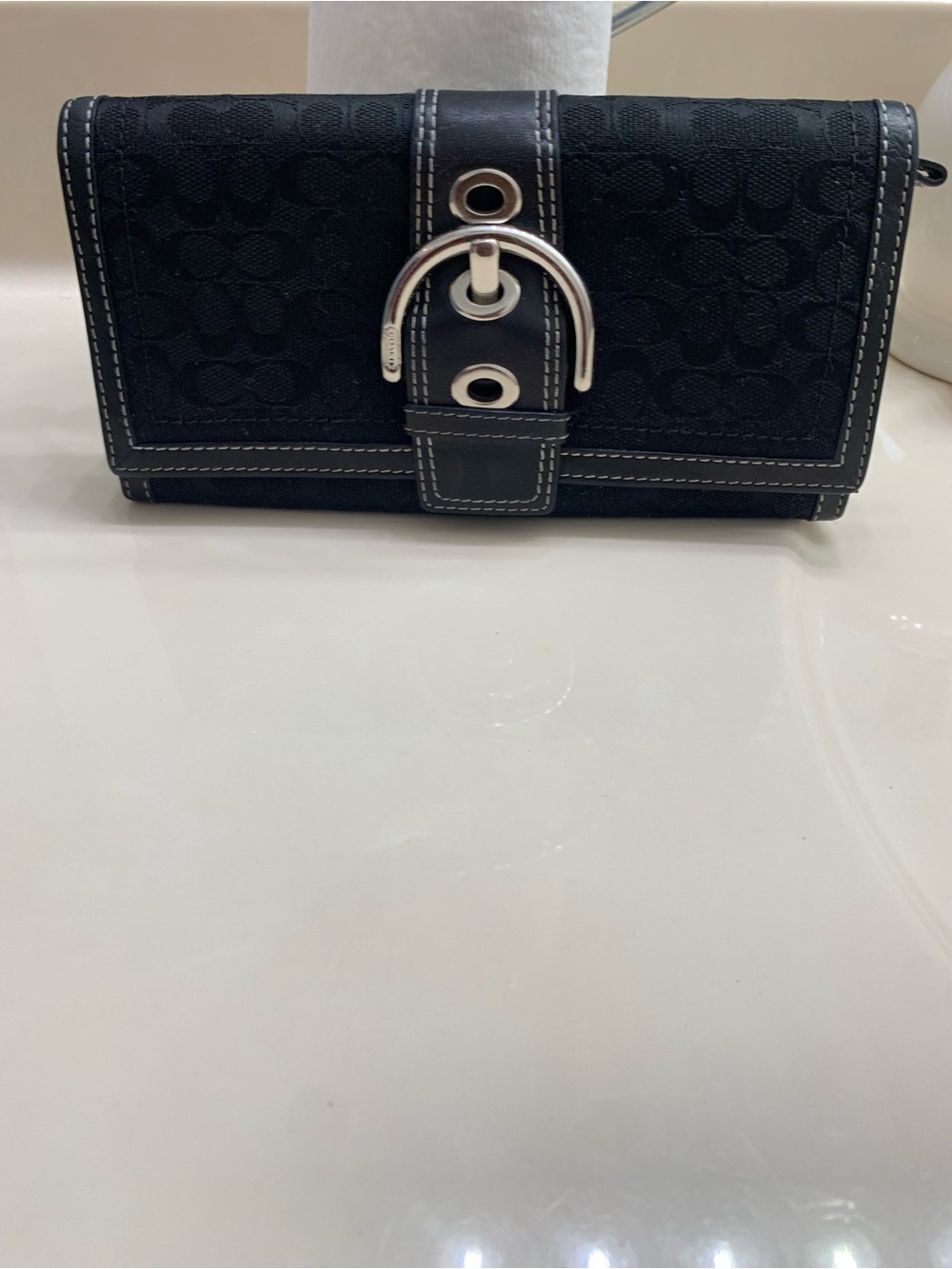 Coach Black Signature Canvas Wallet with Silver Buckle